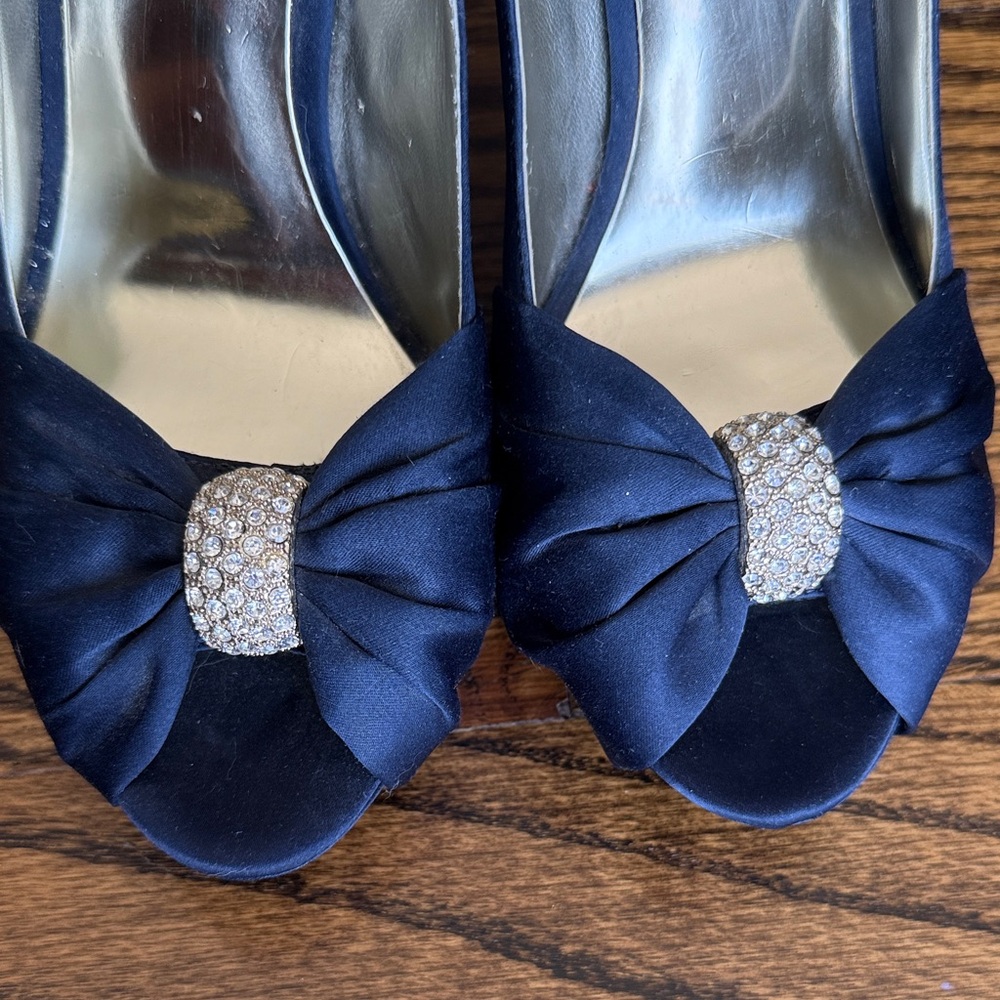 Guess Navy Satin Platform Heels with Rhinestone Bow